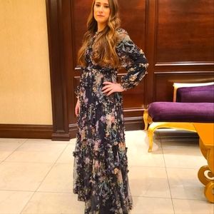 Needle and Thread Black and Floral Maxi Evening Dress, Size 0